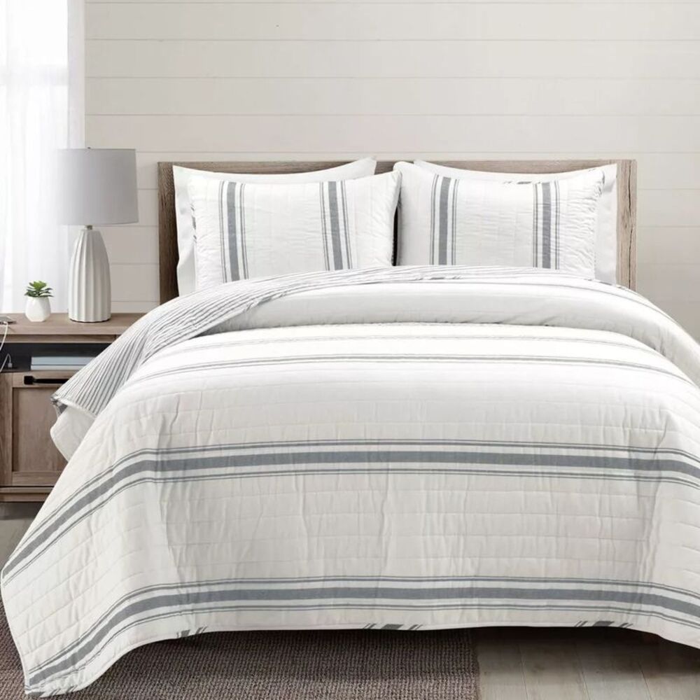 Lush Decor - 3pc King Farmhouse Stripe Reversible Quilt & Sham  Gray